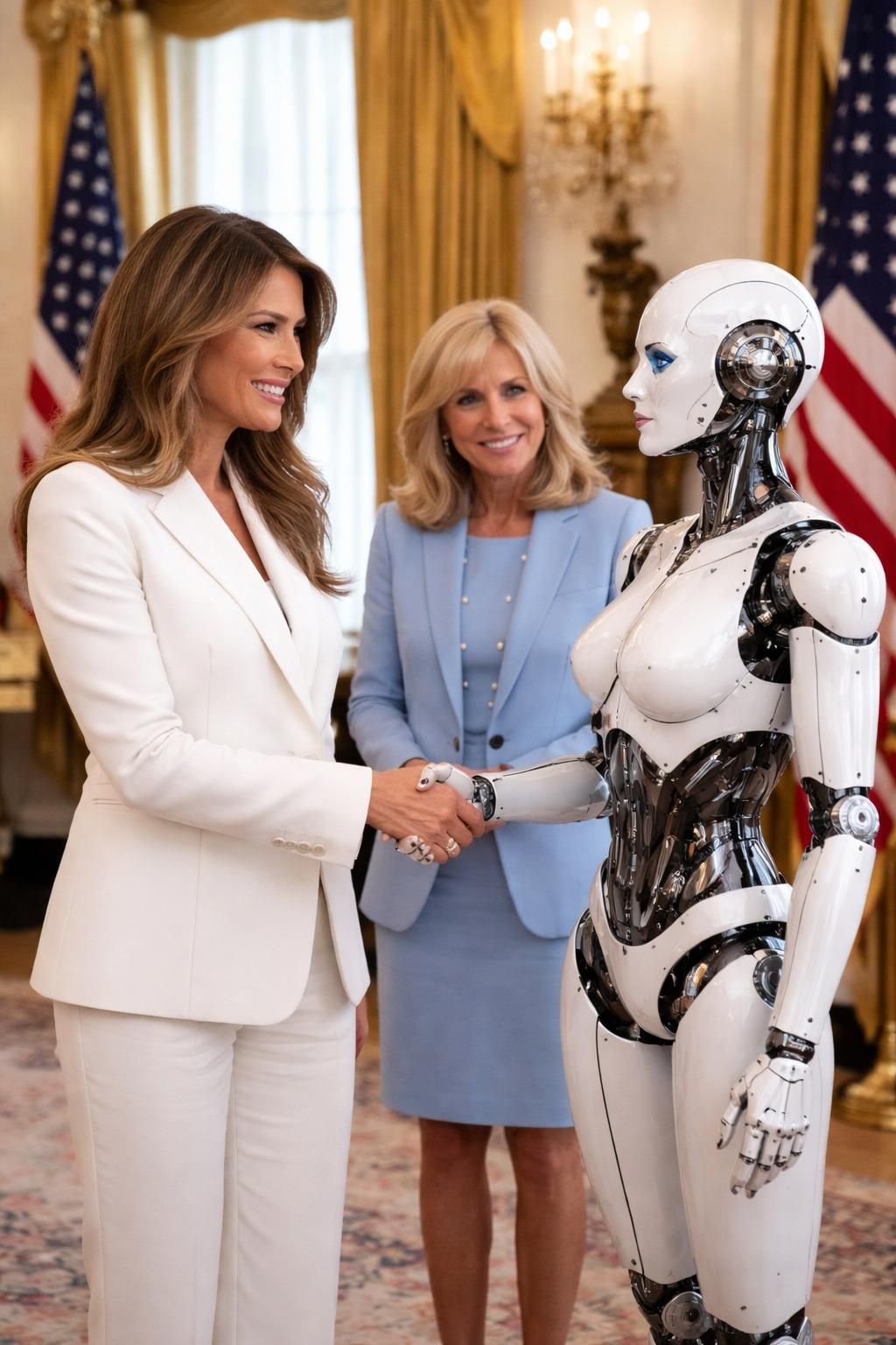 melania trump se promène à la maison blanche en compagnie d'un robot, sous le regard attentif de brigitte macron, dans une scène à la fois surprenante et symbolique.