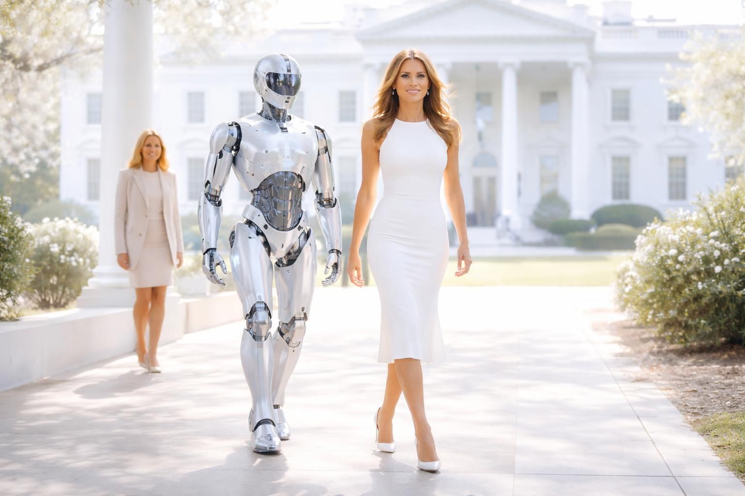 melania trump déambule à la maison blanche accompagnée d’un robot, sous le regard attentif de brigitte macron.